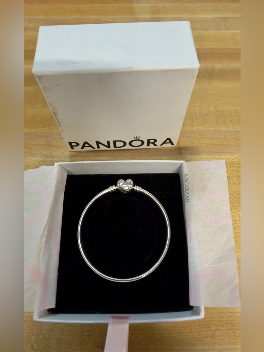 Pandora Silver Heart Clasp Bangle Bracelet - 6.7 inches (17cm)